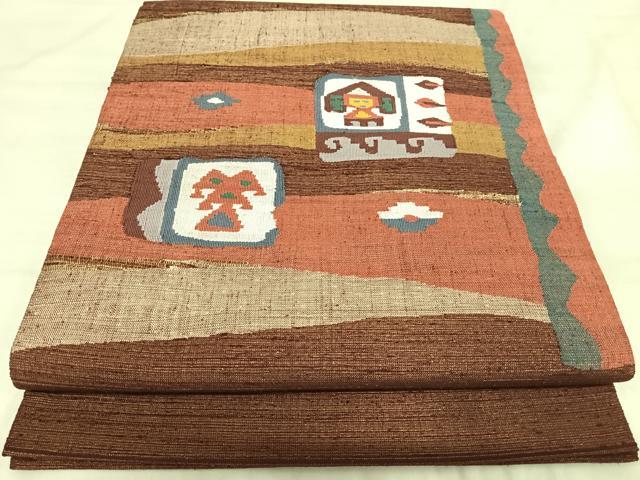 平和屋着物◎太鼓柄袋帯 すくい織 紬地 幾何学文様 金糸 正絹 逸品 AABJ0760yx