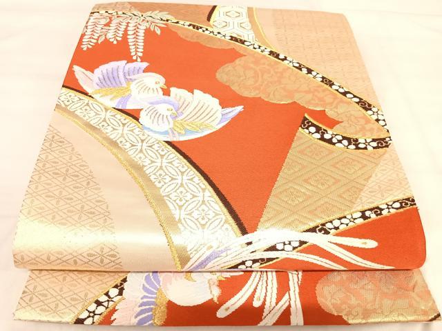 平和屋着物◎六通柄袋帯 唐織 鴛鴦花文 金糸 正絹 逸品 AABJ0762yx