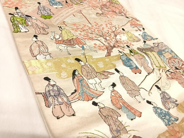 平和屋着物◎六通柄袋帯 人物風景文 金糸 正絹 逸品 AABJ0769yx