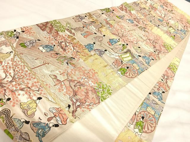 平和屋着物◎六通柄袋帯 人物風景文 金糸 正絹 逸品 AABJ0769yx