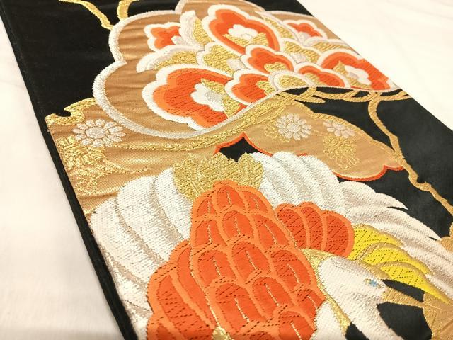 平和屋着物◎六通柄袋帯 唐織 花鳥文 黒地 金銀糸 正絹 逸品 AABJ0771yx
