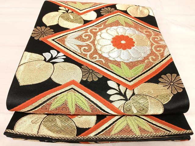 平和屋着物◎六通柄袋帯 唐織 花菱文 黒地 金銀糸 正絹 逸品 AABJ0778yx