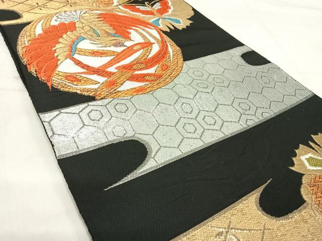 平和屋着物◎六通柄 本袋帯 唐織 鳳凰舞蝶文 黒地 金銀糸 正絹 逸品 AABJ0779yx