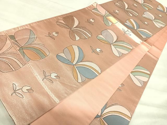 平和屋着物◎六通柄袋帯 花蝶文 銀糸 正絹 逸品 AABJ0781yx