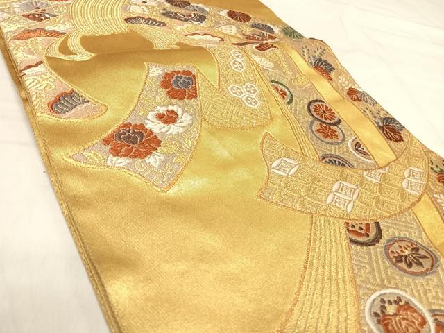 平和屋着物◎六通柄袋帯 唐織 熨斗能衣文 金糸 正絹 逸品 AABJ0788yx