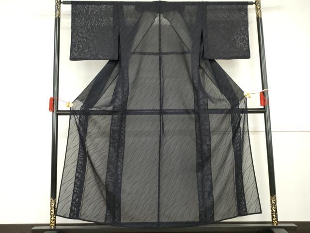 平和屋着物*夏物 色無地 紗 よろけ縞 濃藍色 銀通し地 正絹 逸品 AABJ0805cs