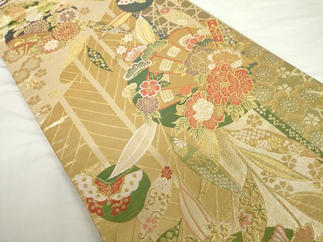 平和屋着物▼六通柄袋帯 檜扇花蝶文 金糸 正絹 逸品 AABJ0860cs