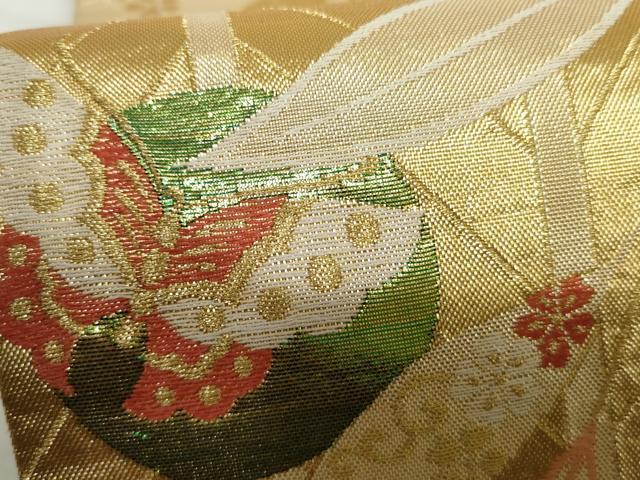 平和屋着物▼六通柄袋帯 檜扇花蝶文 金糸 正絹 逸品 AABJ0860cs