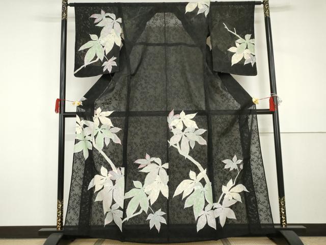 平和屋着物*夏物 訪問着 枝花紋紗 枝葉文 黒地 銀彩 正絹 逸品 未使用 AABJ0877cs