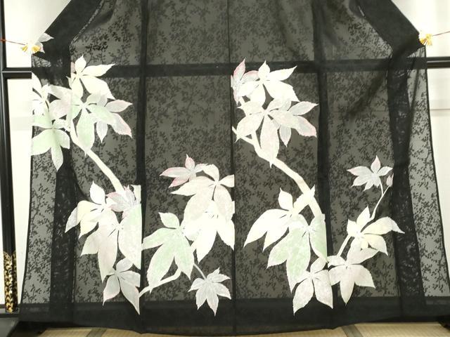 平和屋着物*夏物 訪問着 枝花紋紗 枝葉文 黒地 銀彩 正絹 逸品 未使用 AABJ0877cs