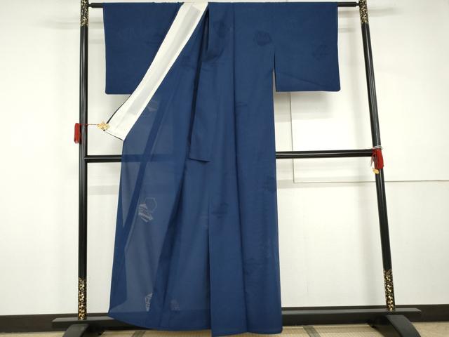 平和屋着物*夏物 色無地 縦絽 幾何学紋紗 深縹色 正絹 逸品 AABJ0884cs