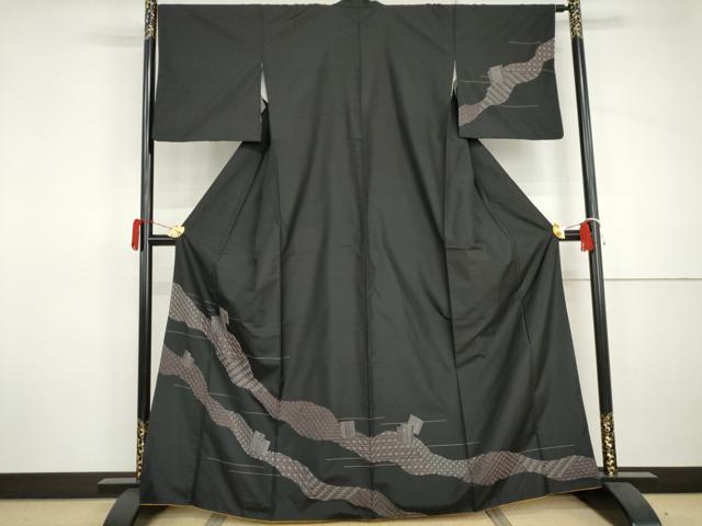 平和屋着物●本場大島紬 訪問着 刺子 刺繍 源氏香 黒地 正絹 逸品 AABJ0917cs