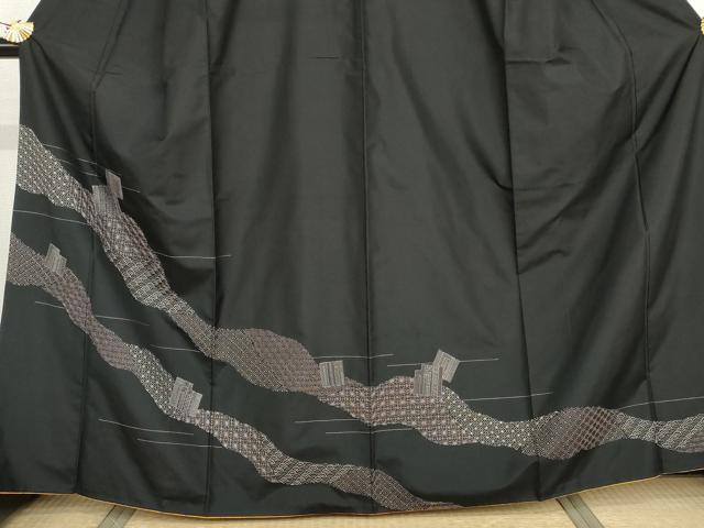 平和屋着物●本場大島紬 訪問着 刺子 刺繍 源氏香 黒地 正絹 逸品 AABJ0917cs