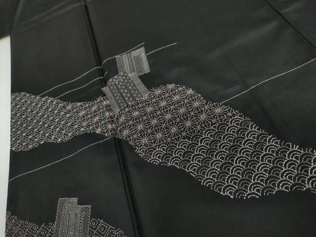 平和屋着物●本場大島紬 訪問着 刺子 刺繍 源氏香 黒地 正絹 逸品 AABJ0917cs