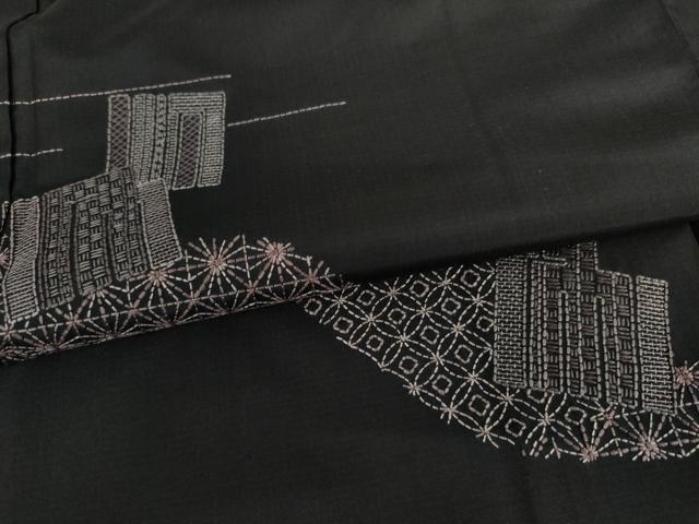 平和屋着物●本場大島紬 訪問着 刺子 刺繍 源氏香 黒地 正絹 逸品 AABJ0917cs
