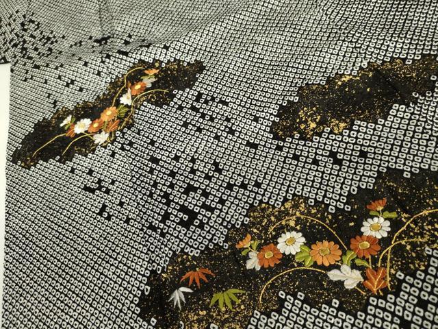 平和屋着物●訪問着 総絞り 刺繍 草花文 黒地 金糸 金彩 正絹 逸品 AABJ0918cs