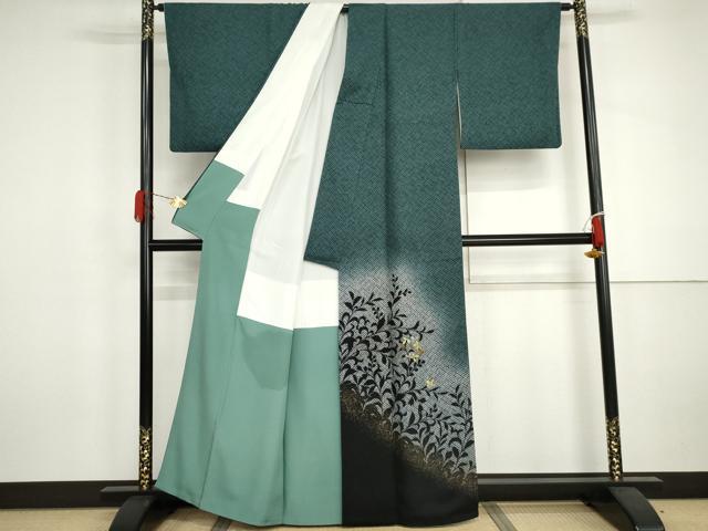 平和屋着物●訪問着 刺繍 枝葉丸文 枝葉シルエット 暈し染め 金糸 金彩 正絹 逸品 AABJ0937cs