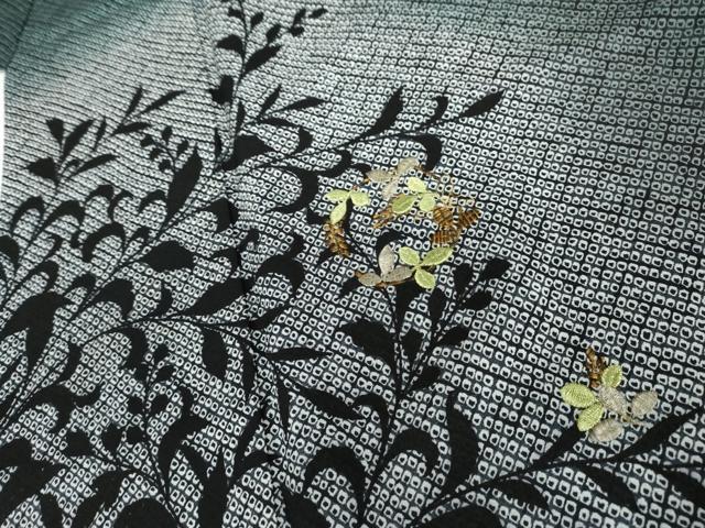 平和屋着物●訪問着 刺繍 枝葉丸文 枝葉シルエット 暈し染め 金糸 金彩 正絹 逸品 AABJ0937cs