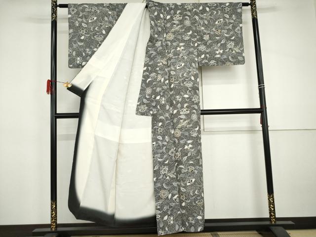 平和屋着物●上質な小紋 更紗花鳥文 黒地 金銀彩 正絹 逸品 AABJ0951cs