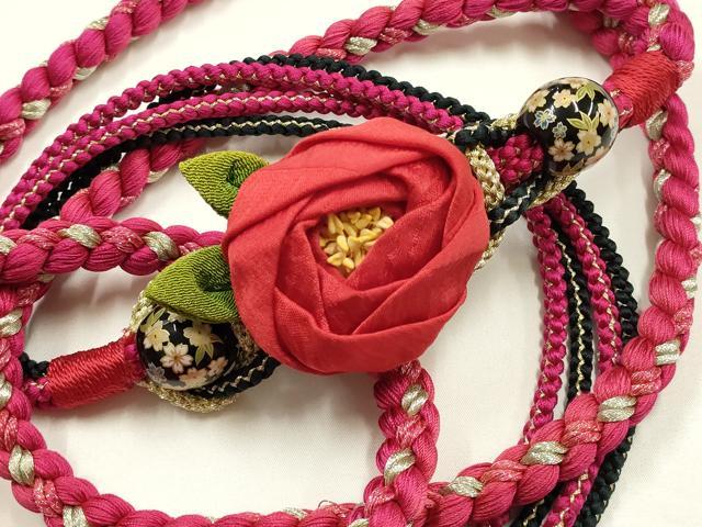 平和屋着物●和装小物 振袖用帯締め 装飾 ちりめん細工 椿 飾り玉 金銀糸 金彩 逸品 AABJ1048ay