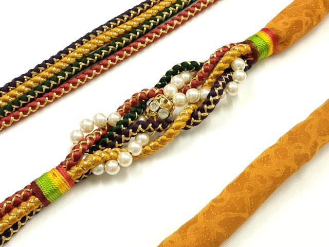 平和屋着物●和装小物 振袖用帯締め 丸ぐけ ラインストーン パール 飾り玉 金糸 金彩 逸品 AABJ1051ay