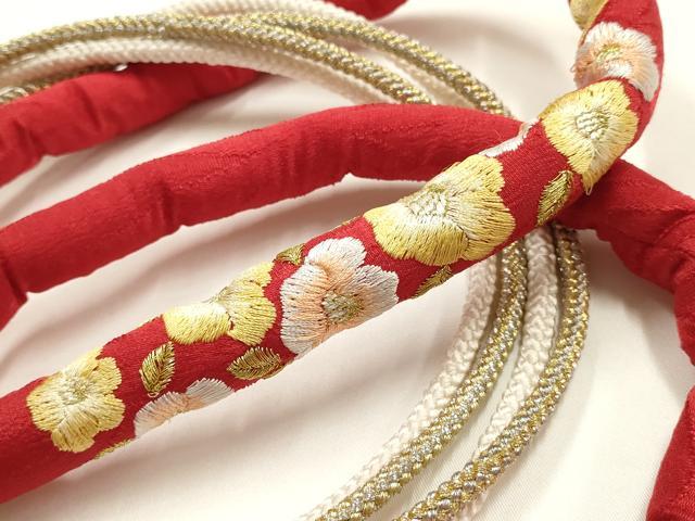 平和屋着物●和装小物 振袖用帯締め 丸ぐけ 刺繍 椿 小田巻 金銀糸 逸品 AABJ1052ay