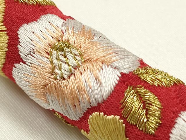 平和屋着物●和装小物 振袖用帯締め 丸ぐけ 刺繍 椿 小田巻 金銀糸 逸品 AABJ1052ay
