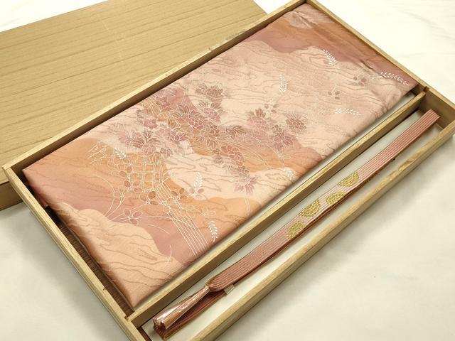 平和屋本店●和装小物 帯締め・帯揚げセット 高麗組 綾出し 草花文 金糸 金彩 暈し 逸品 未使用 AABJ1122ay