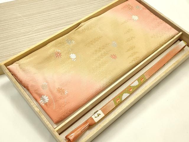 平和屋本店●和装小物 帯締め・帯揚げセット 高麗組 綾出し 草花文 金糸 金銀彩 暈し染め 逸品 未使用 AABJ1127ay