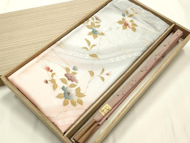 平和屋本店●和装小物 帯締め・帯揚げセット 高麗組 流水枝花文 椿 金彩 暈し染め 逸品 未使用 AABJ1128ay