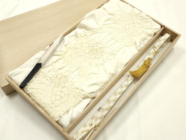平和屋本店●和装小物 帯締め・帯揚げ・扇子セット 礼装用 絞り 花柄 金糸 金彩 亀房付き 逸品 未使用 AABJ1136ay