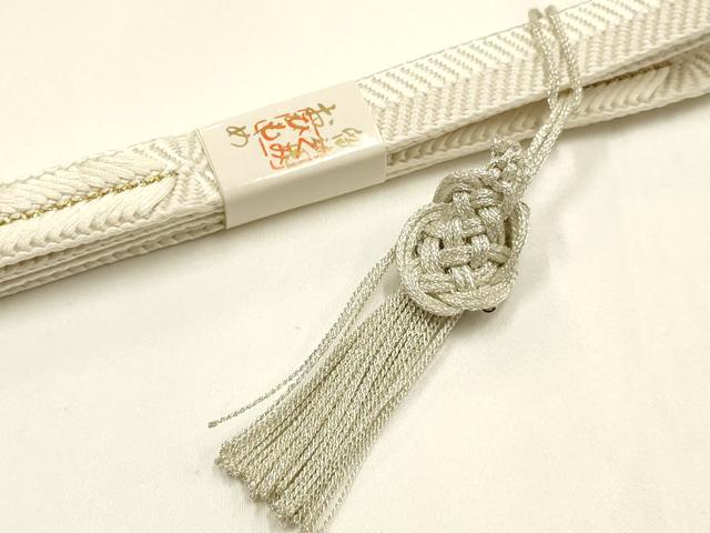 平和屋本店●和装小物 帯締め・帯揚げ・扇子セット 礼装用 笹浪組 鏡裏花文 金銀糸 金銀彩 亀房付き 逸品 未使用 AABJ1139ay