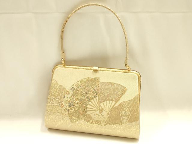平和屋着物▼和装小物 和装バッグ 九百佐賀錦 ハンドバッグ 吉祥文 扇子 金糸 帯地使用 逸品 AABJ1191ay