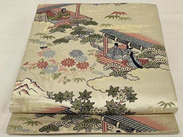 平和屋着物◎六通柄袋帯 唐織 人物風景花文 金糸 正絹 逸品 AABJ1219ou