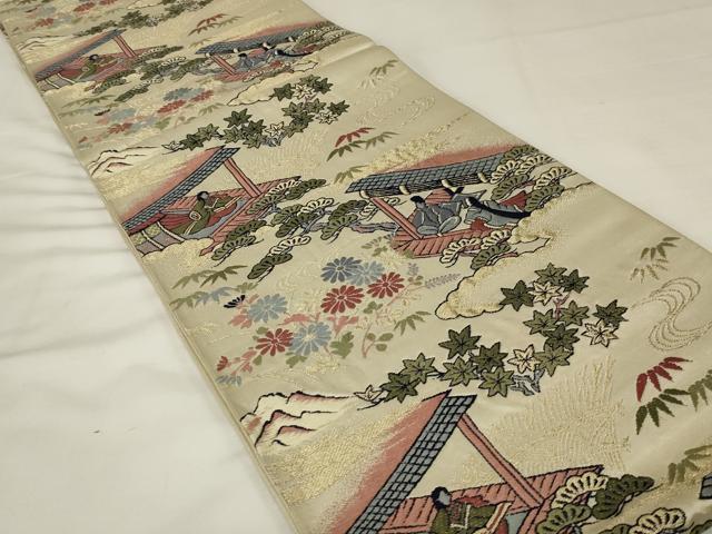 平和屋着物◎六通柄袋帯 唐織 人物風景花文 金糸 正絹 逸品 AABJ1219ou