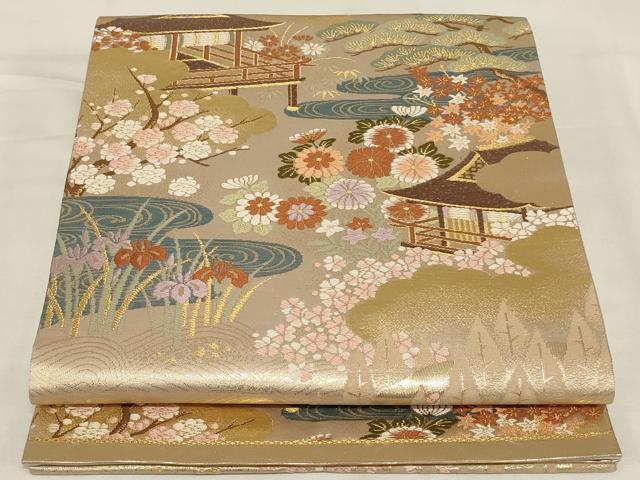 平和屋着物◎六通柄袋帯 唐織 流水風景花文 金糸 正絹 逸品 AABJ1240ou