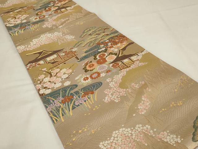 平和屋着物◎六通柄袋帯 唐織 流水風景花文 金糸 正絹 逸品 AABJ1240ou