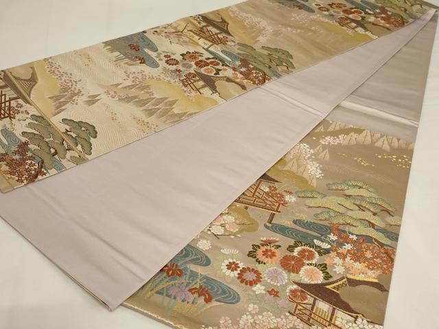 平和屋着物◎六通柄袋帯 唐織 流水風景花文 金糸 正絹 逸品 AABJ1240ou