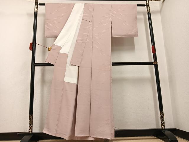 平和屋着物●上質な色無地 霞地紋 白茶色 正絹 逸品 AABJ1267ph