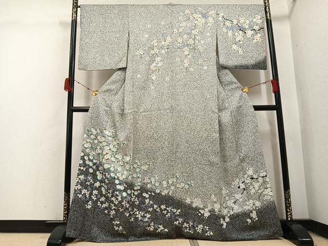 平和屋着物●訪問着 枝花文 たたき染め 黒地 正絹 逸品 AABJ1283ph