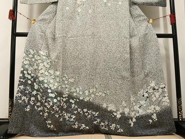 平和屋着物●訪問着 枝花文 たたき染め 黒地 正絹 逸品 AABJ1283ph