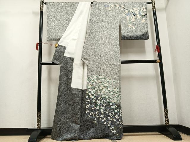 平和屋着物●訪問着 枝花文 たたき染め 黒地 正絹 逸品 AABJ1283ph