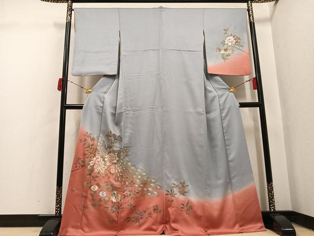 平和屋着物●訪問着 刺繍 孔雀鴛鴦枝花文 暈し染め 金彩 正絹 逸品 AABJ1296ph