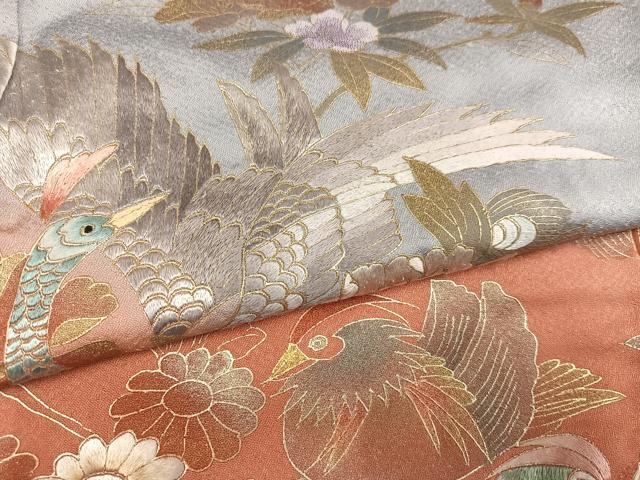 平和屋着物●訪問着 刺繍 孔雀鴛鴦枝花文 暈し染め 金彩 正絹 逸品 AABJ1296ph