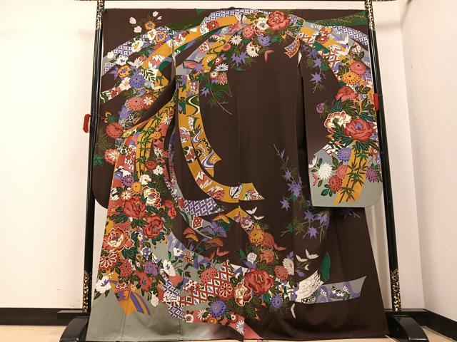 平和屋着物●豪華振袖 友禅 草花文 正絹 逸品 AABJ1304ph