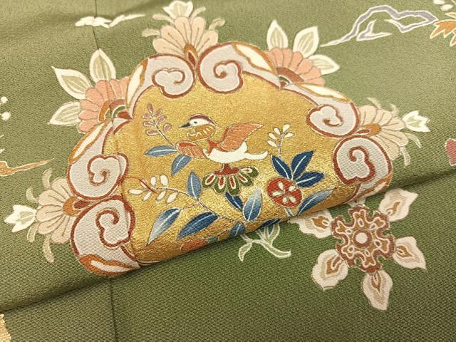 平和屋着物●日本工芸会正会員 生駒暉夫 訪問着 花鳥文 琵琶湖 金彩 浜ちりめん 反端付き 正絹 逸品 AABJ1315ph
