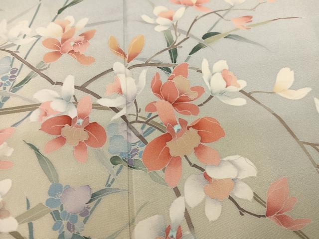 平和屋着物●十日町友禅作家 松雨 訪問着 枝花文 暈し染め 正絹 逸品 AABJ1337ph