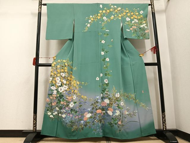 平和屋着物●十日町友禅作家 岡村蒼風 訪問着 枝花文 暈し染め 正絹 逸品 AABJ1344ph