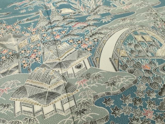 平和屋着物●訪問着 友禅 流水風景文 鬼しぼ縮緬 正絹 逸品 AABJ1401ck