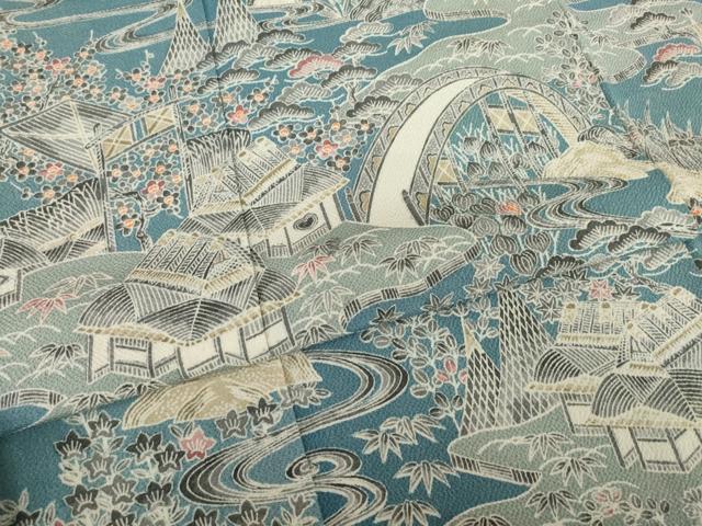 平和屋着物●訪問着 友禅 流水風景文 鬼しぼ縮緬 正絹 逸品 AABJ1401ck